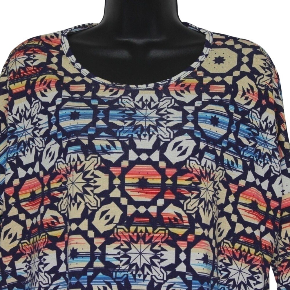 LuLaRoe Irma Tunic Size S Top Blue Orange Geometric Tribal Print Scoop Neck
